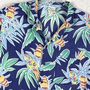 VTG Shore Things Hawaiian Shirt Blue Floral Men L Birds Aloha Tropical Beach USA